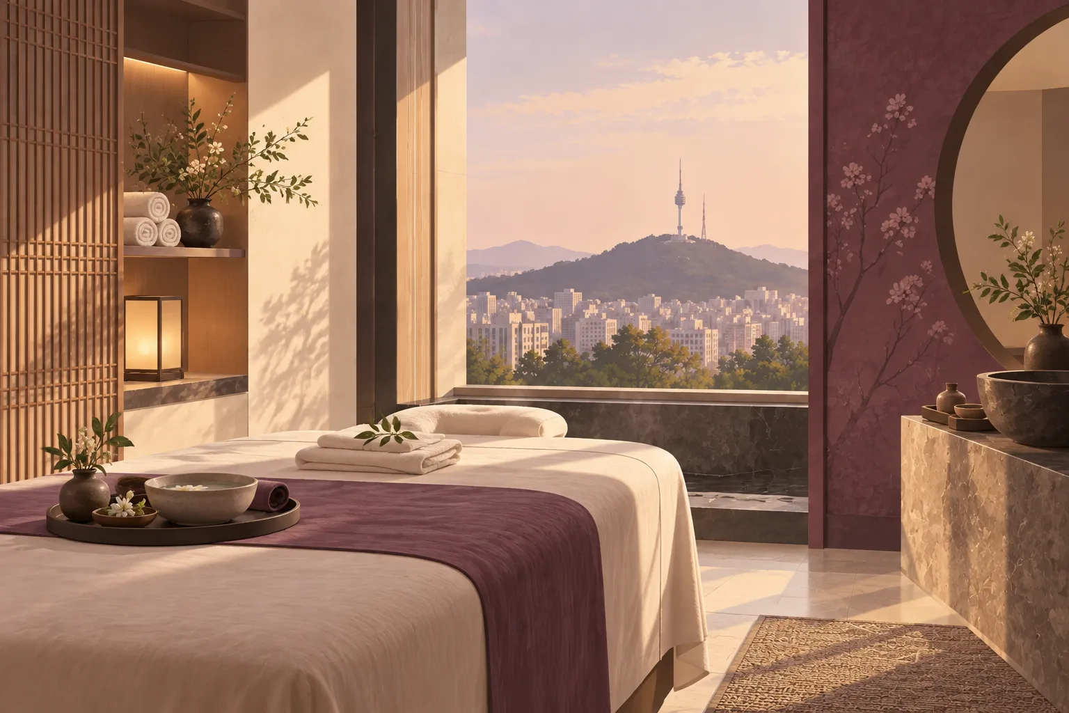 AI-generated illustration of a facial-massage room prepared with linen, a ceramic bowl and greenery